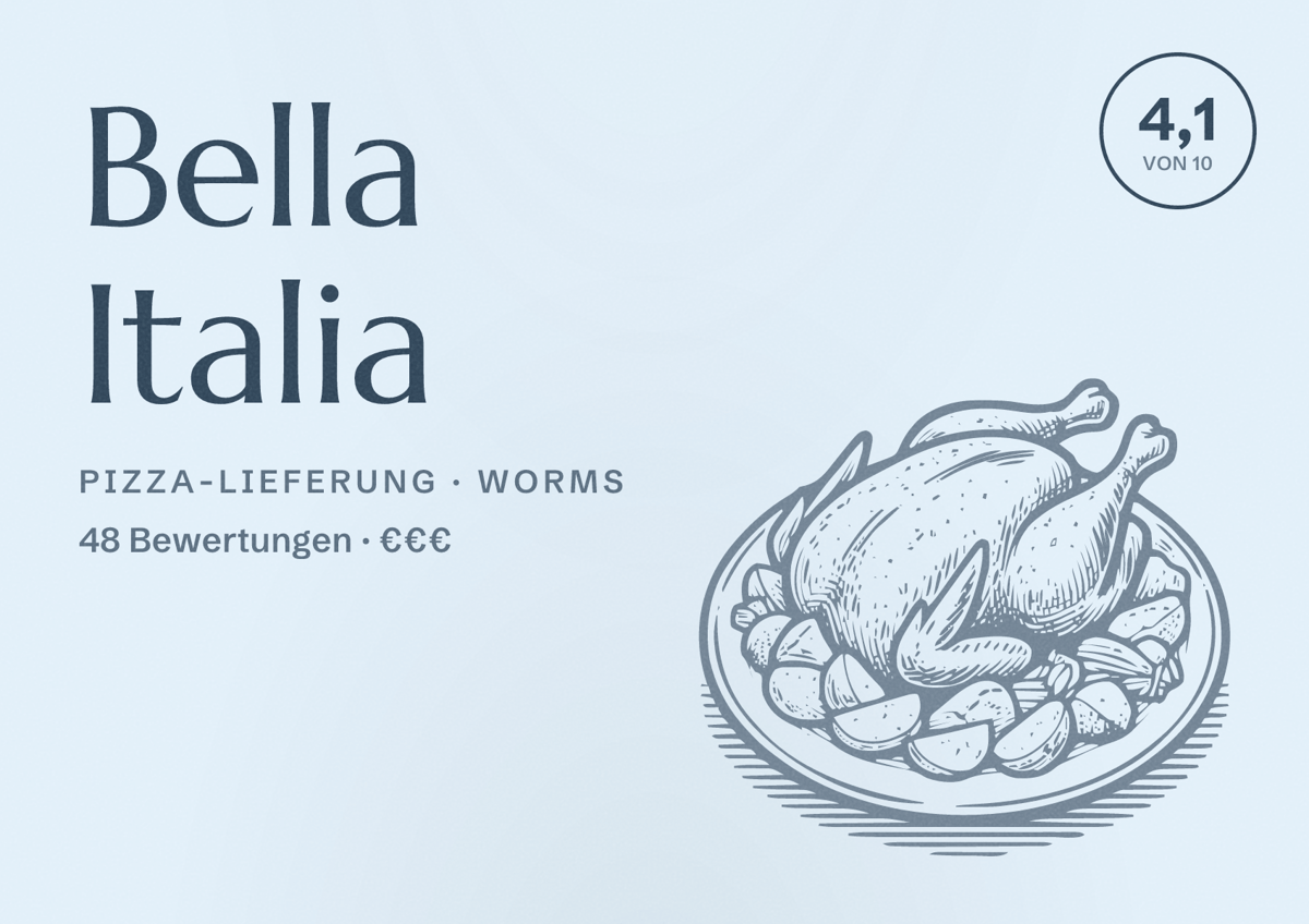 Illustriertes Poster von Bella Italia, Pizza-Lieferung in Worms: Bewertung 4,1 von 10 aus 48 Bewertungen, Preisniveau €€€