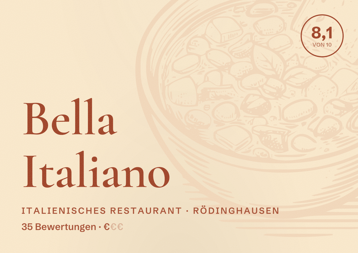 Illustriertes Poster von Bella Italiano, Italienisches Restaurant in Rödinghausen: Bewertung 8,1 von 10 aus 35 Bewertungen, Preisniveau €