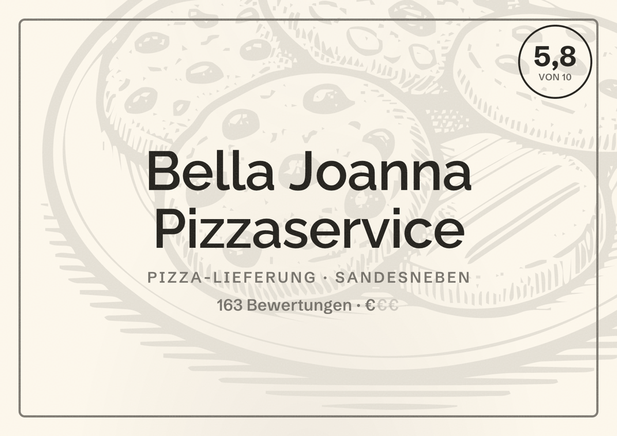 Illustriertes Poster von Bella Joanna Pizzaservice, Pizza-Lieferung in Sandesneben: Bewertung 5,8 von 10 aus 163 Bewertungen, Preisniveau €