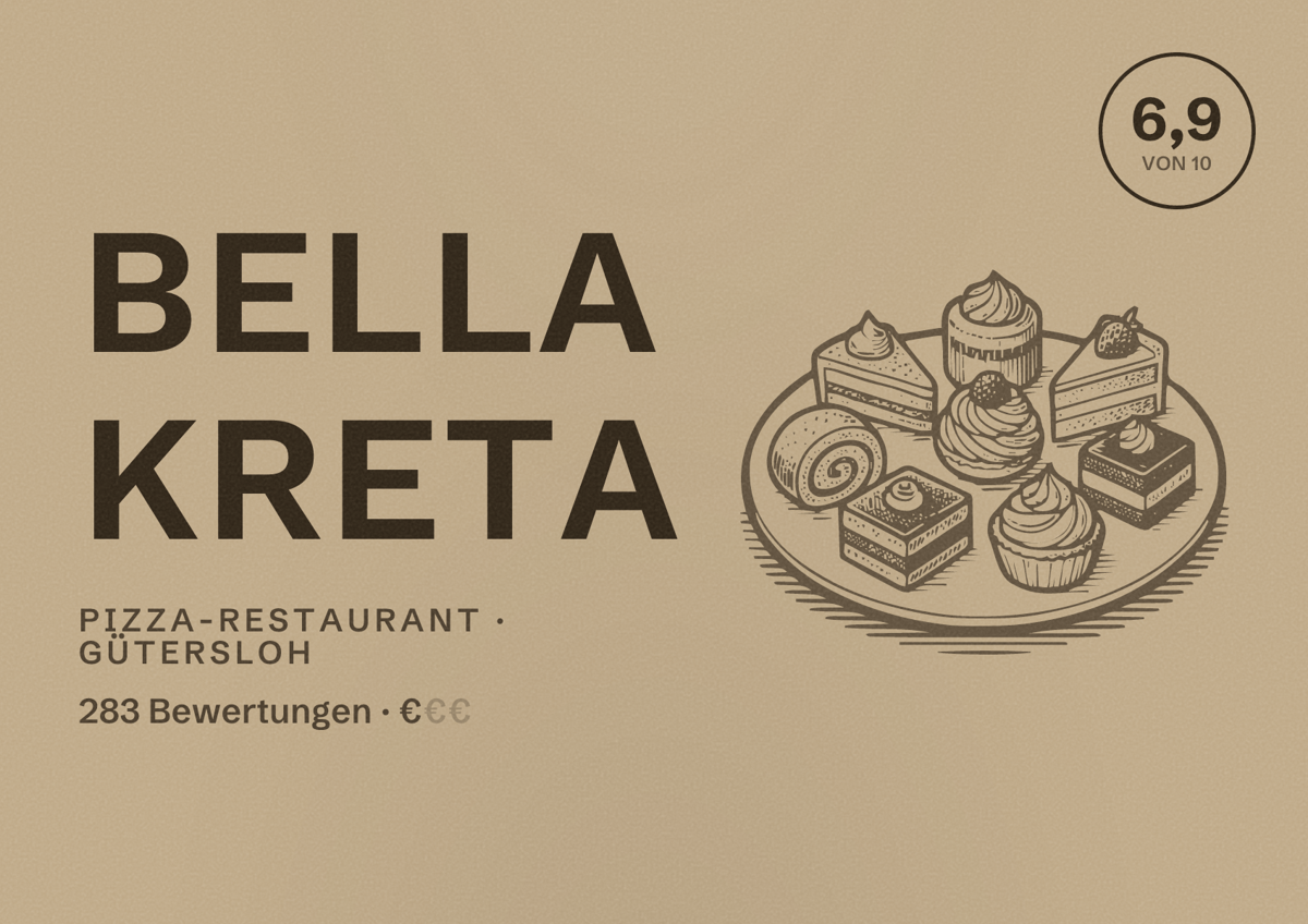 Illustriertes Poster von Bella Kreta, Pizza-Restaurant in Gütersloh: Bewertung 6,9 von 10 aus 283 Bewertungen, Preisniveau €