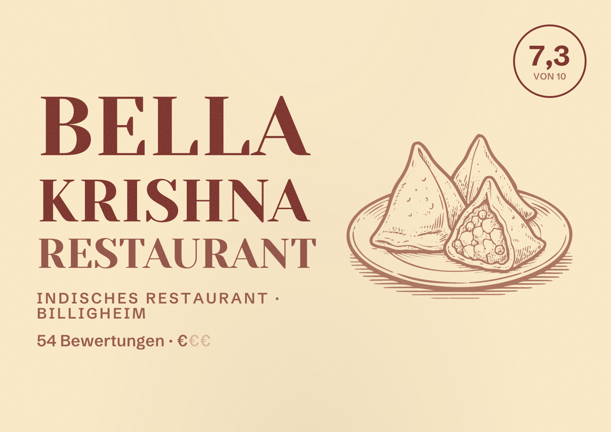 Illustriertes Poster von Bella Krishna Restaurant, Indisches Restaurant in Billigheim: Bewertung 7,3 von 10 aus 54 Bewertungen, Preisniveau €