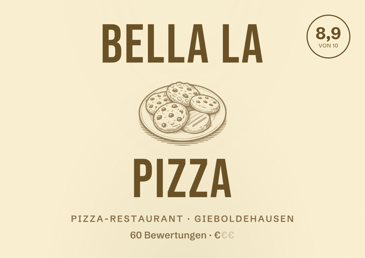 Illustriertes Poster von Bella La Pizza, Pizza-Restaurant in Gieboldehausen: Bewertung 8,9 von 10 aus 60 Bewertungen, Preisniveau €
