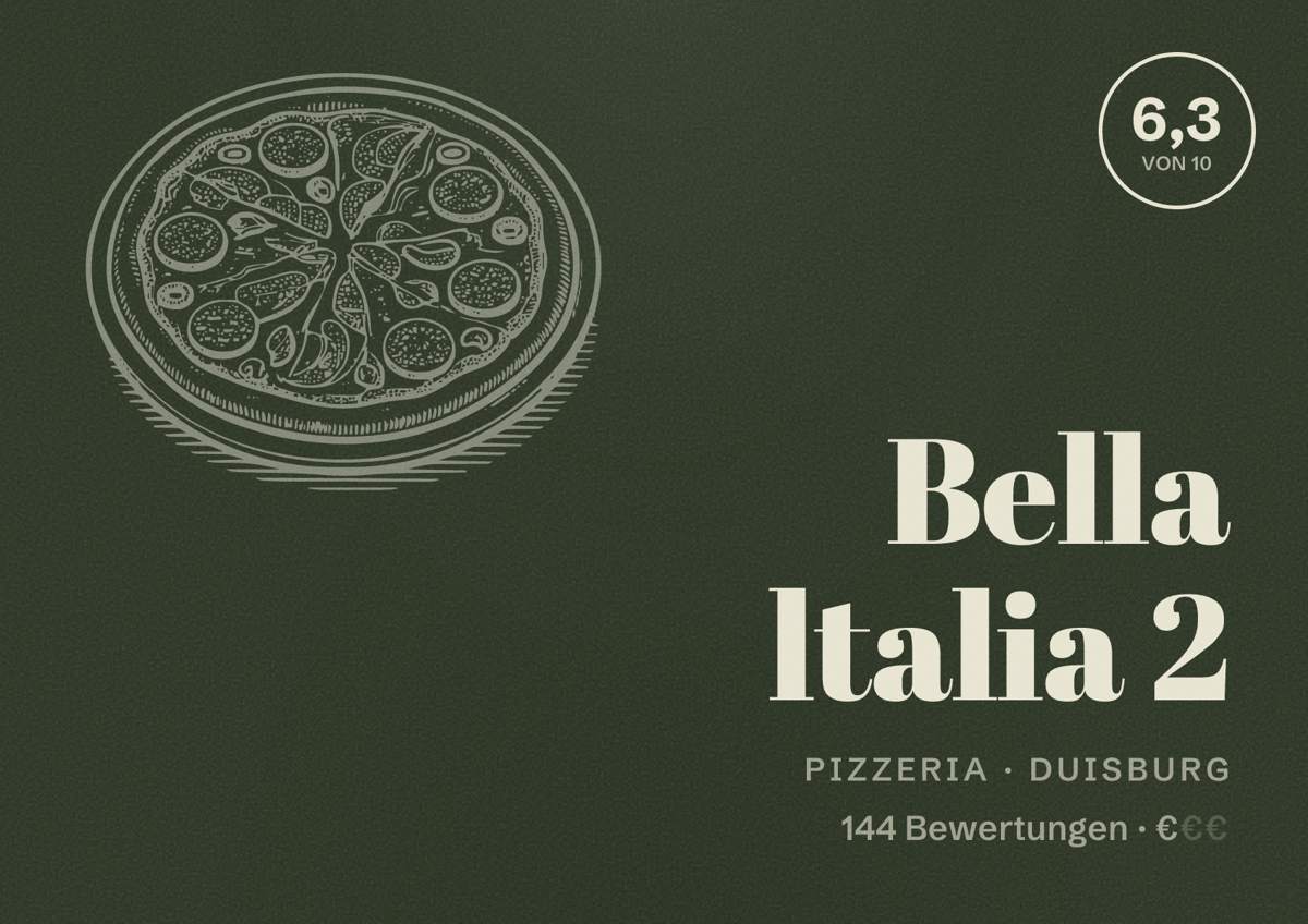 Illustriertes Poster von Bella ltalia 2, Pizzeria in Duisburg: Bewertung 6,3 von 10 aus 144 Bewertungen, Preisniveau €