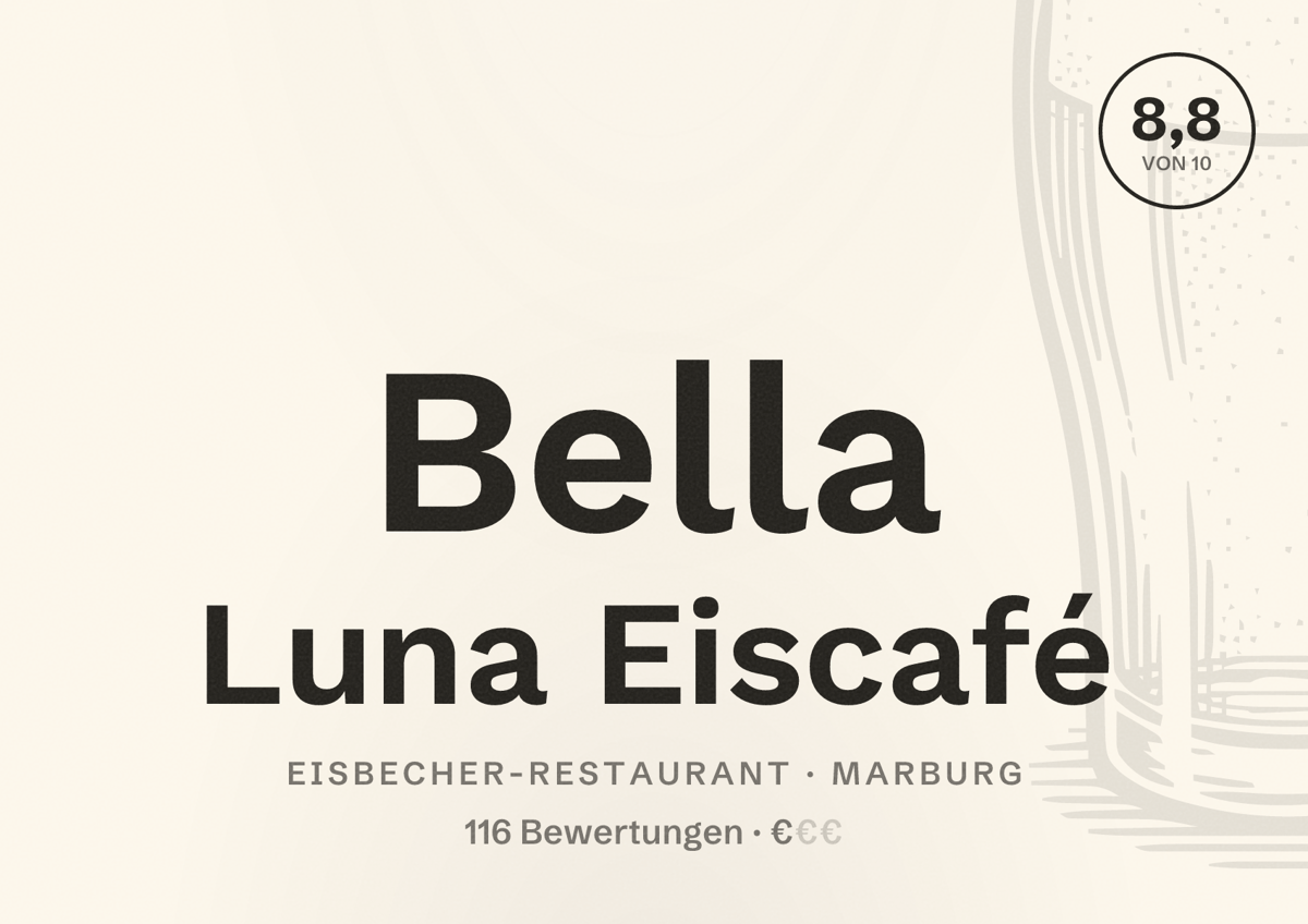 Illustriertes Poster von Bella Luna Eiscafé, Eisbecher-Restaurant in Marburg: Bewertung 8,8 von 10 aus 116 Bewertungen, Preisniveau €