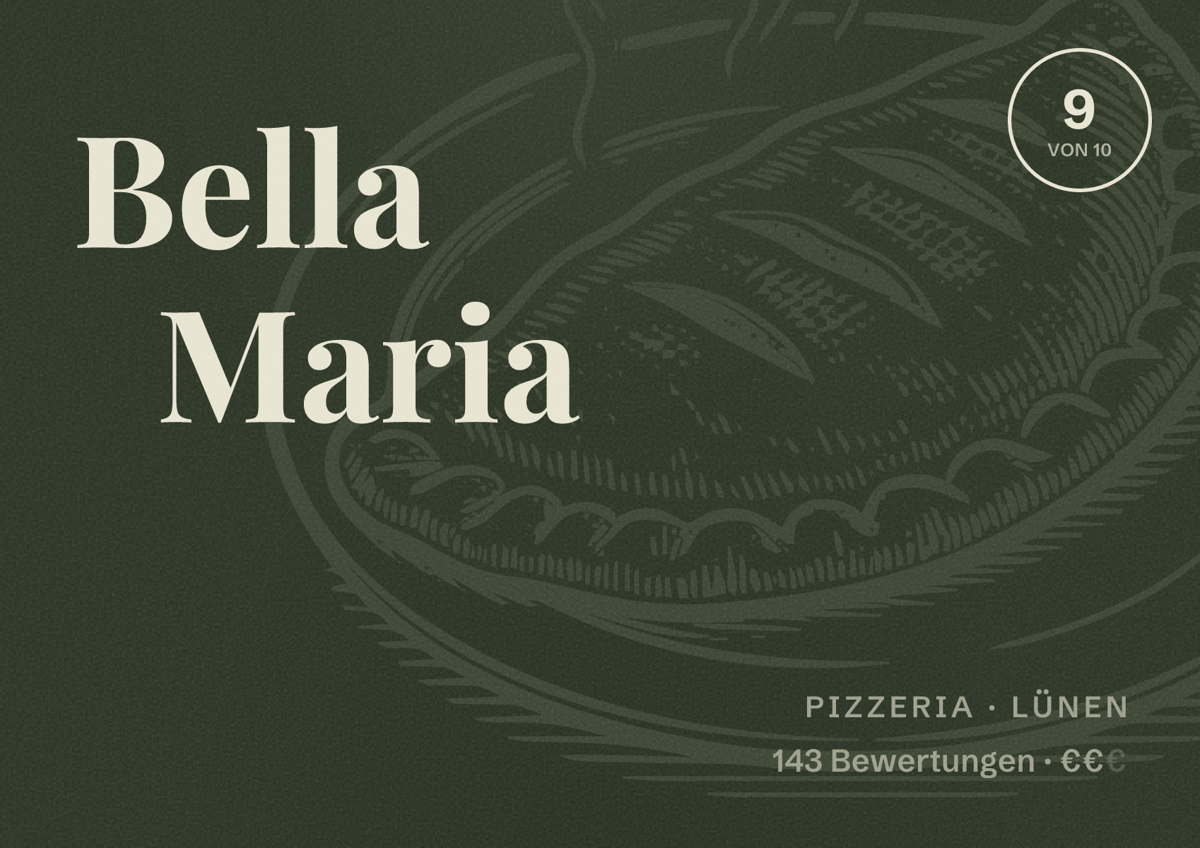 Illustriertes Poster von Bella Maria, Pizzeria in Lünen: Bewertung 9 von 10 aus 143 Bewertungen, Preisniveau €€