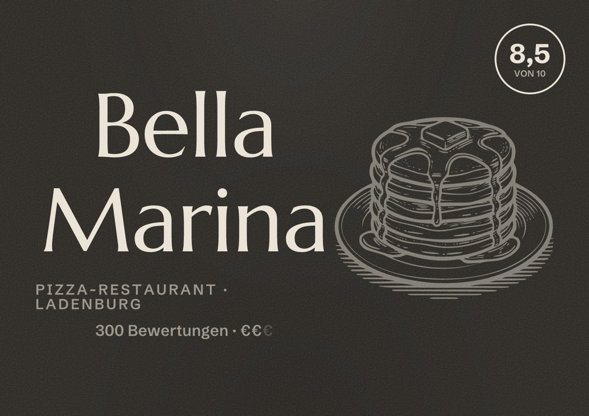 Illustriertes Poster von Bella Marina, Pizza-Restaurant in Ladenburg: Bewertung 8,5 von 10 aus 300 Bewertungen, Preisniveau €€