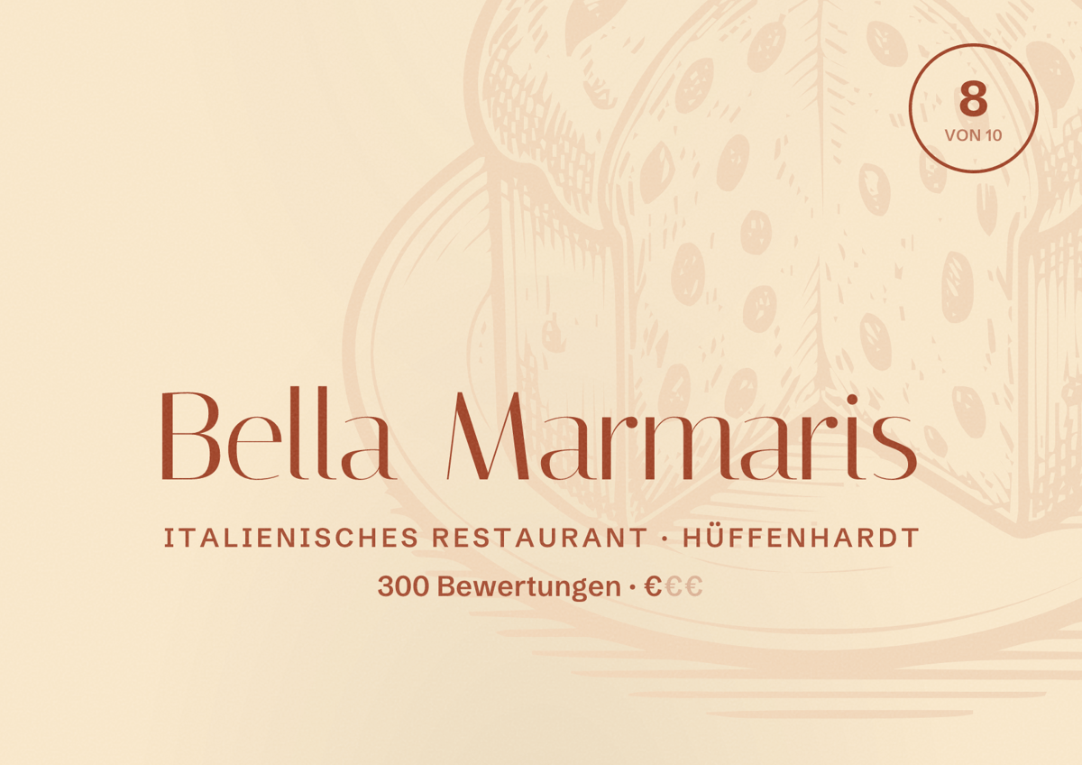 Illustriertes Poster von Bella Marmaris, Italienisches Restaurant in Hüffenhardt: Bewertung 8 von 10 aus 300 Bewertungen, Preisniveau €