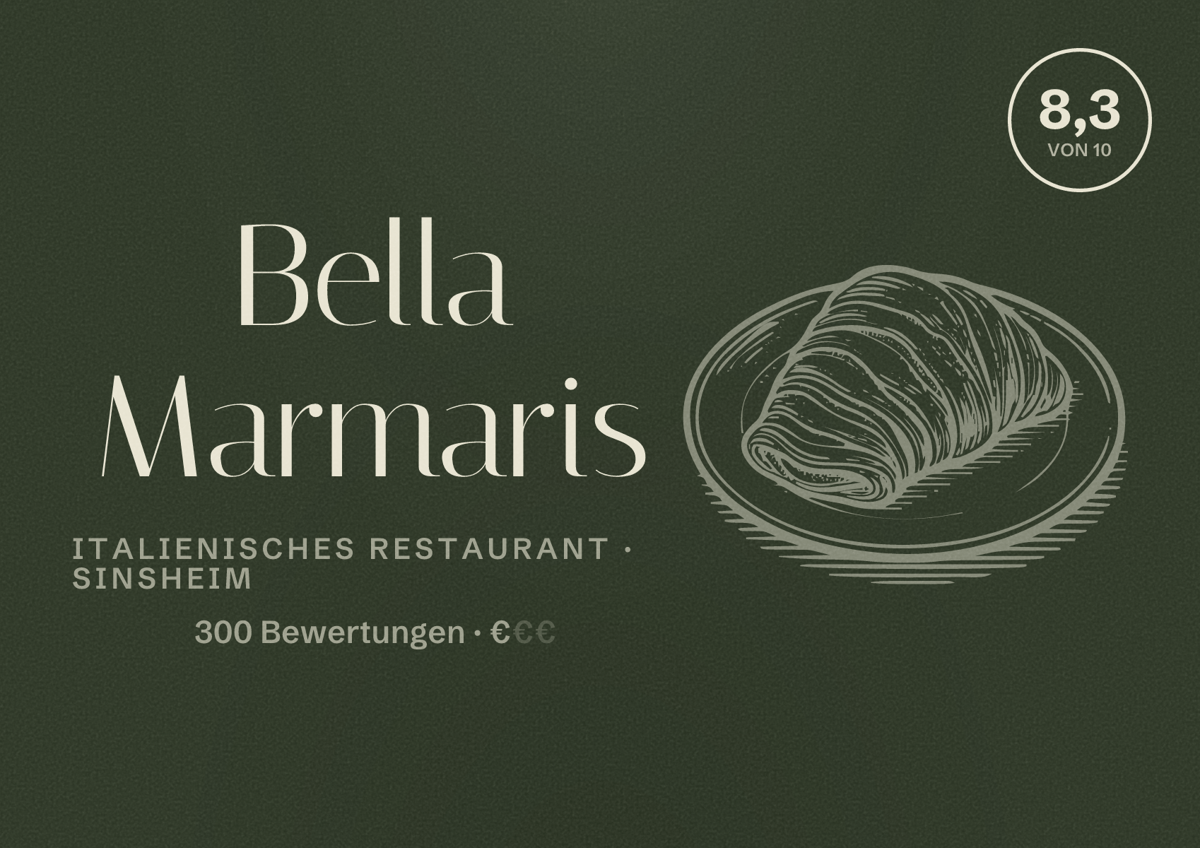 Illustriertes Poster von Bella Marmaris, Italienisches Restaurant in Sinsheim: Bewertung 8,3 von 10 aus 300 Bewertungen, Preisniveau €