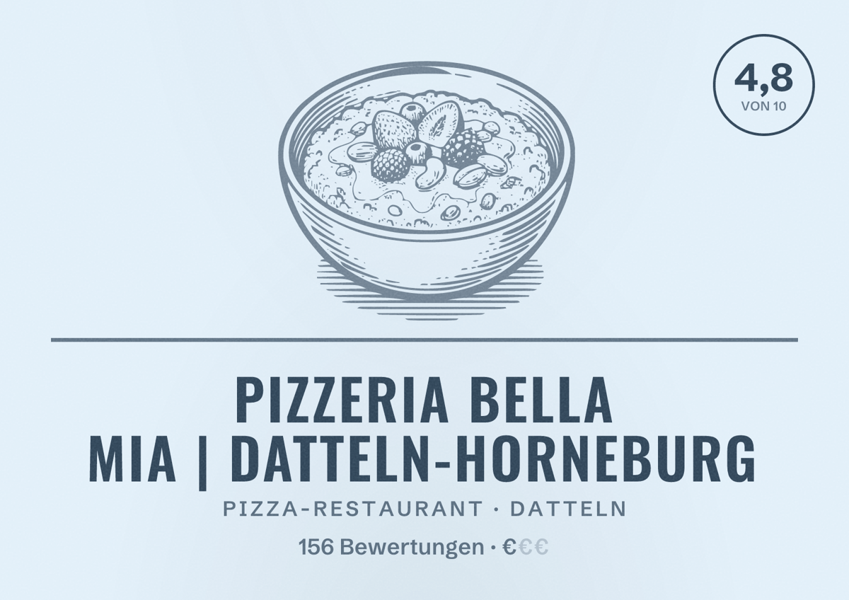 Illustriertes Poster von Pizzeria Bella Mia | Datteln-Horneburg, Pizza-Restaurant in Datteln: Bewertung 4,8 von 10 aus 156 Bewertungen, Preisniveau €