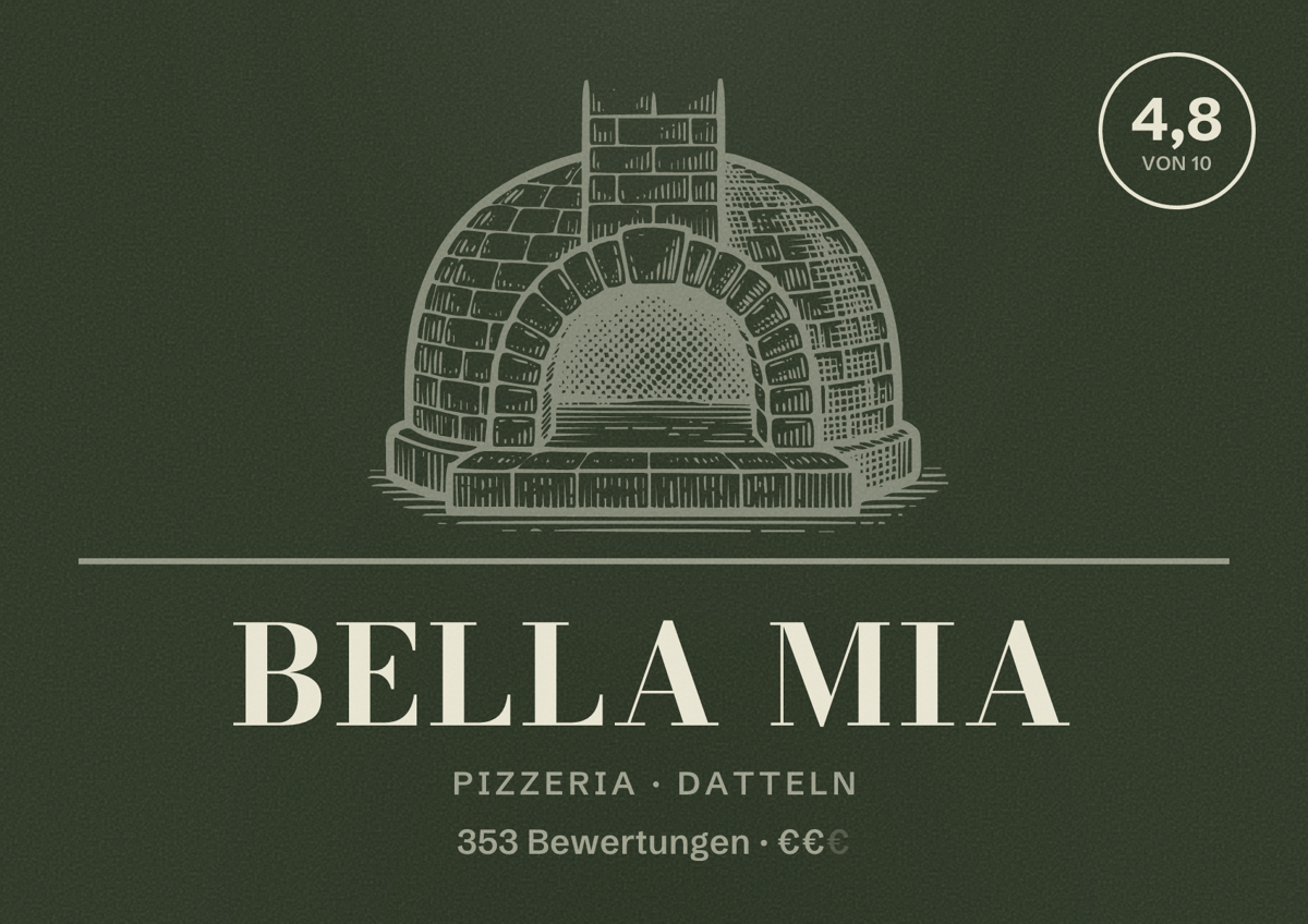 Illustriertes Poster von Bella Mia, Pizzeria in Datteln: Bewertung 4,8 von 10 aus 353 Bewertungen, Preisniveau €€