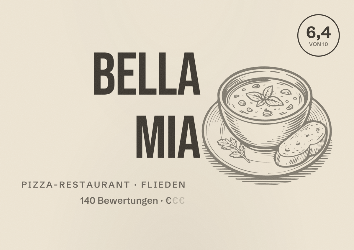 Illustriertes Poster von Bella Mia, Pizza-Restaurant in Flieden: Bewertung 6,4 von 10 aus 140 Bewertungen, Preisniveau €