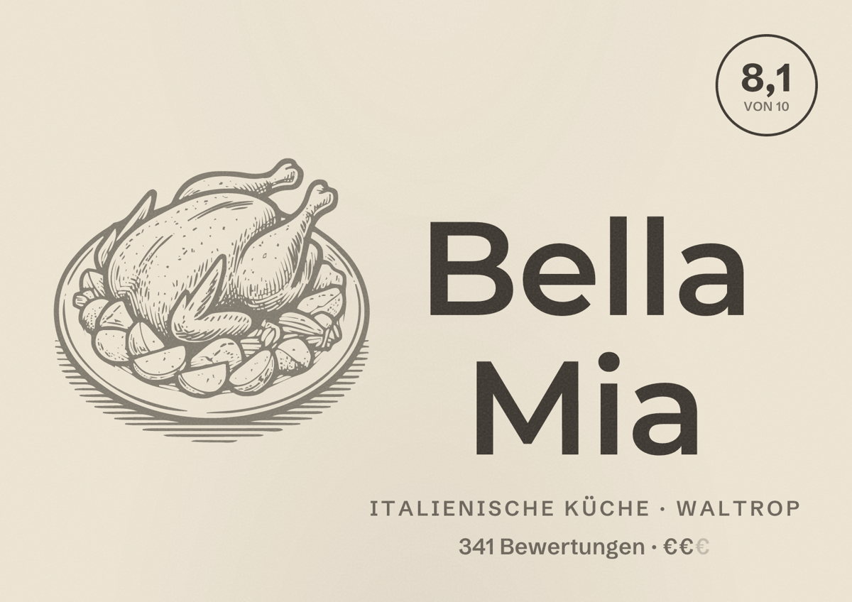 Illustriertes Poster von Bella Mia, Italienische Küche in Waltrop: Bewertung 8,1 von 10 aus 341 Bewertungen, Preisniveau €€