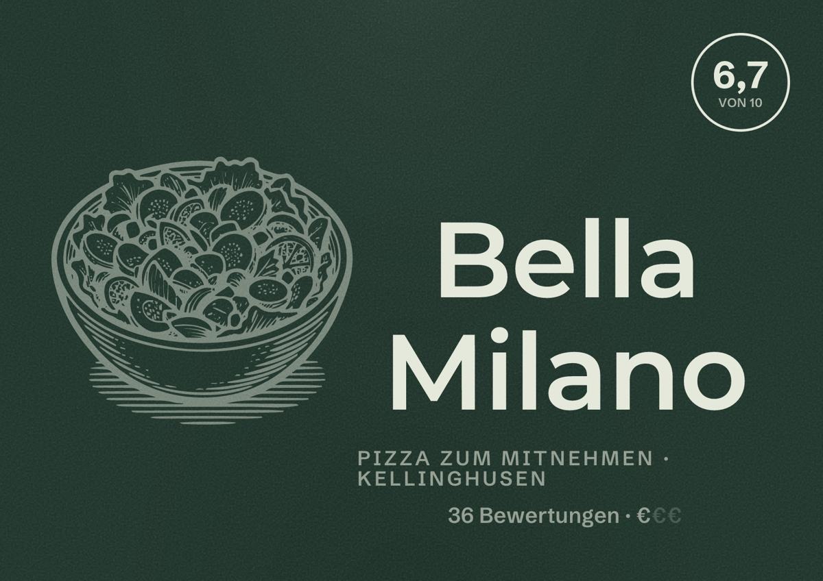 Illustriertes Poster von Bella Milano, Pizza zum Mitnehmen in Kellinghusen: Bewertung 6,7 von 10 aus 36 Bewertungen, Preisniveau €