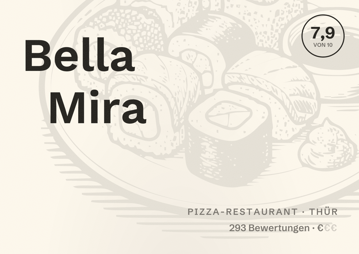 Illustriertes Poster von Bella Mira, Pizza-Restaurant in Thür: Bewertung 7,9 von 10 aus 293 Bewertungen, Preisniveau €