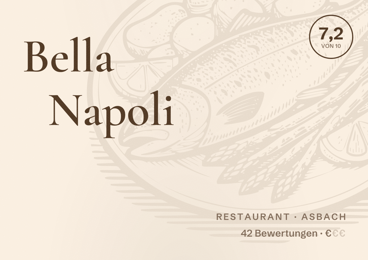 Illustriertes Poster von Bella Napoli, Restaurant in Asbach: Bewertung 7,2 von 10 aus 42 Bewertungen, Preisniveau €