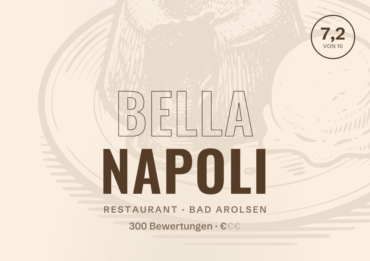 Illustriertes Poster von Bella Napoli, Restaurant in Bad Arolsen: Bewertung 7,2 von 10 aus 300 Bewertungen, Preisniveau €