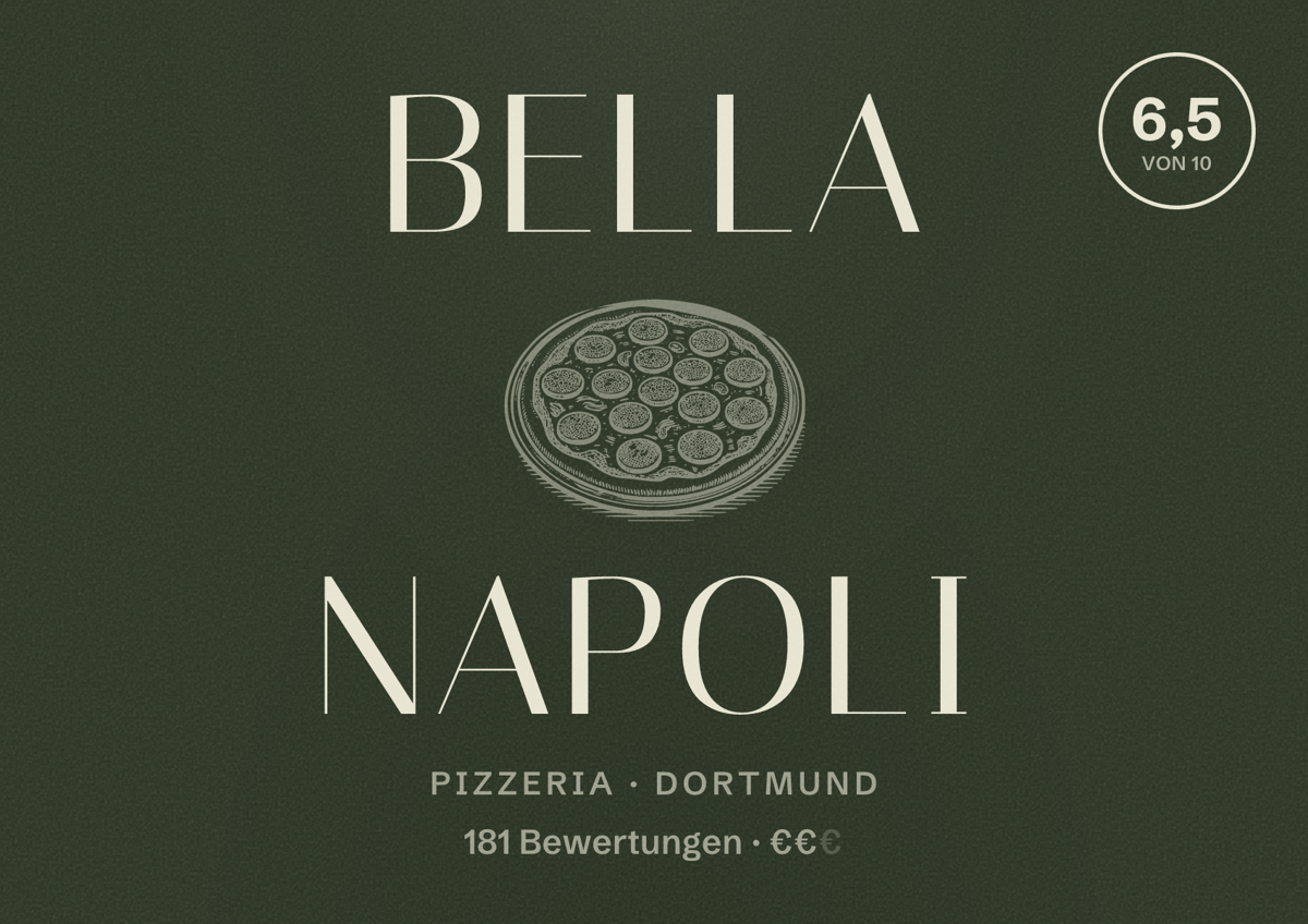 Illustriertes Poster von Bella Napoli, Pizzeria in Dortmund: Bewertung 6,5 von 10 aus 181 Bewertungen, Preisniveau €€