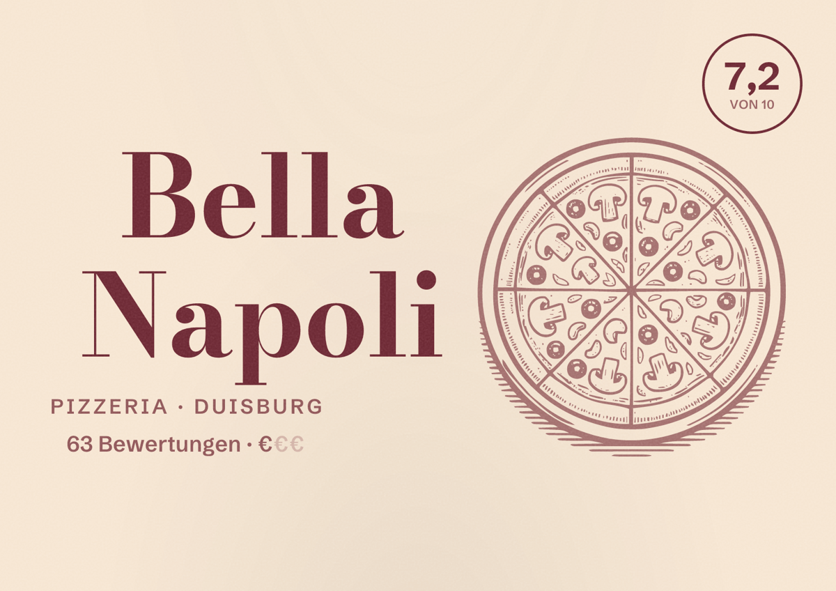 Illustriertes Poster von Bella Napoli, Pizzeria in Duisburg: Bewertung 7,2 von 10 aus 63 Bewertungen, Preisniveau €