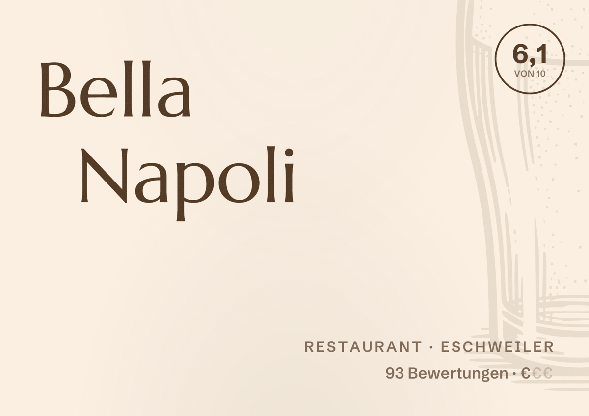 Illustriertes Poster von Bella Napoli, Restaurant in Eschweiler: Bewertung 6,1 von 10 aus 93 Bewertungen, Preisniveau €