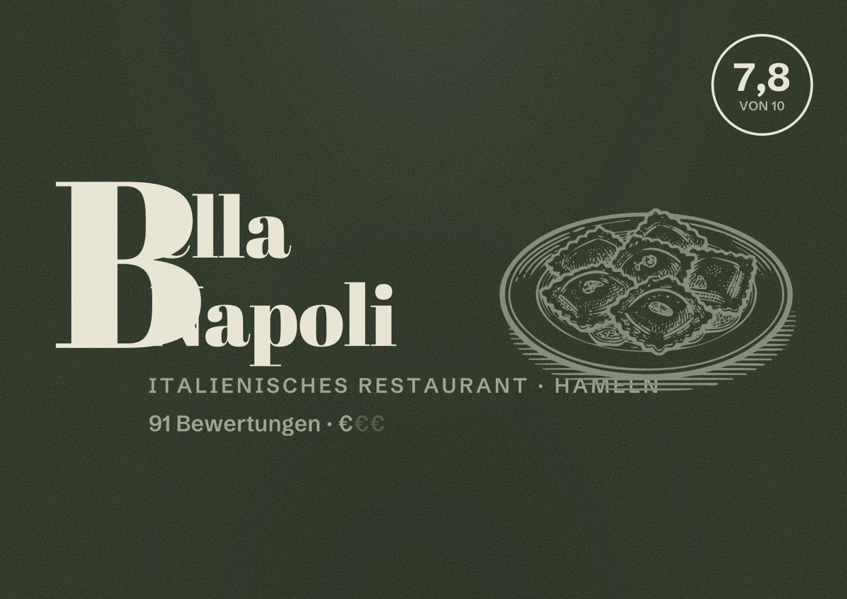 Illustriertes Poster von Bella Napoli, Italienisches Restaurant in Hameln: Bewertung 7,8 von 10 aus 91 Bewertungen, Preisniveau €