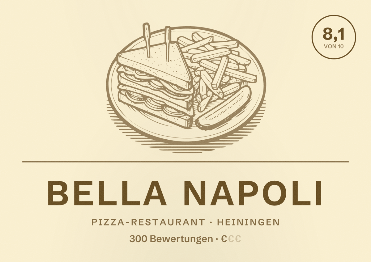 Illustriertes Poster von Bella Napoli, Pizza-Restaurant in Heiningen: Bewertung 8,1 von 10 aus 300 Bewertungen, Preisniveau €