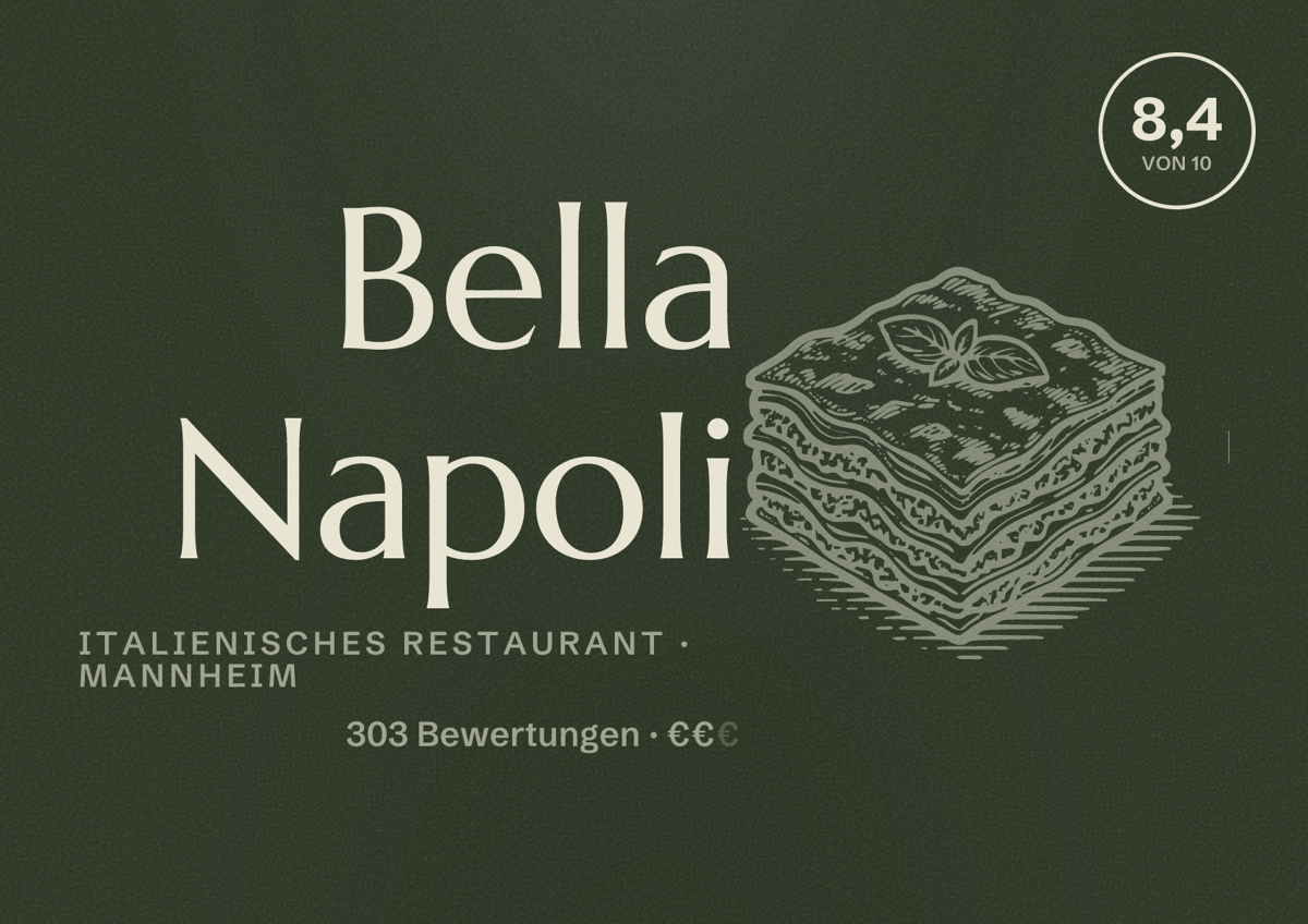 Illustriertes Poster von Bella Napoli, Italienisches Restaurant in Mannheim: Bewertung 8,4 von 10 aus 303 Bewertungen, Preisniveau €€