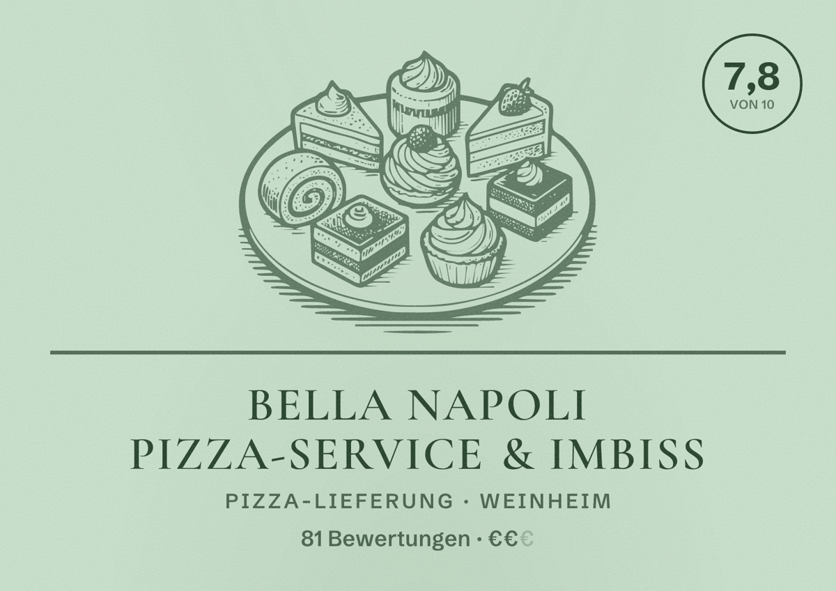 Illustriertes Poster von Bella Napoli Pizza-Service & Imbiss, Pizza-Lieferung in Weinheim: Bewertung 7,8 von 10 aus 81 Bewertungen, Preisniveau €€