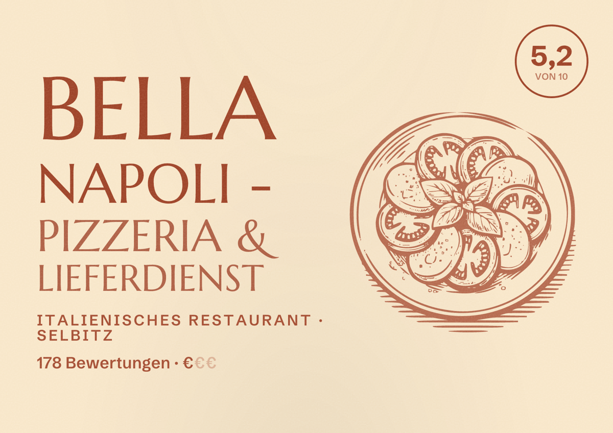 Illustriertes Poster von Bella Napoli - Pizzeria & Lieferdienst, Italienisches Restaurant in Selbitz: Bewertung 5,2 von 10 aus 178 Bewertungen, Preisniveau €