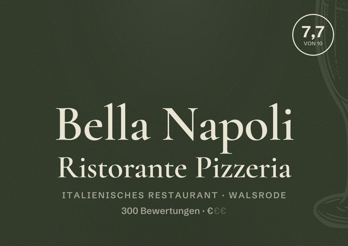 Illustriertes Poster von Bella Napoli Ristorante Pizzeria, Italienisches Restaurant in Walsrode: Bewertung 7,7 von 10 aus 300 Bewertungen, Preisniveau €