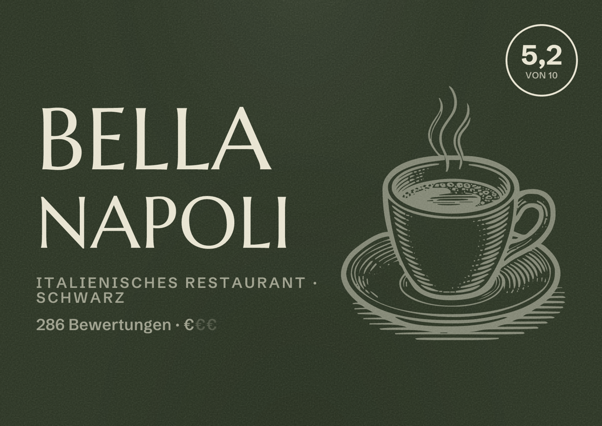 Illustriertes Poster von Bella Napoli, Italienisches Restaurant in Schwarz: Bewertung 5,2 von 10 aus 286 Bewertungen, Preisniveau €