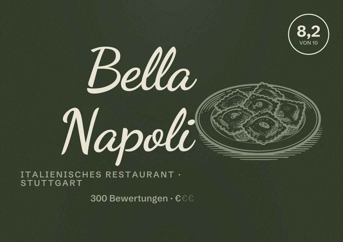 Illustriertes Poster von Bella Napoli, Italienisches Restaurant in Stuttgart: Bewertung 8,2 von 10 aus 300 Bewertungen, Preisniveau €