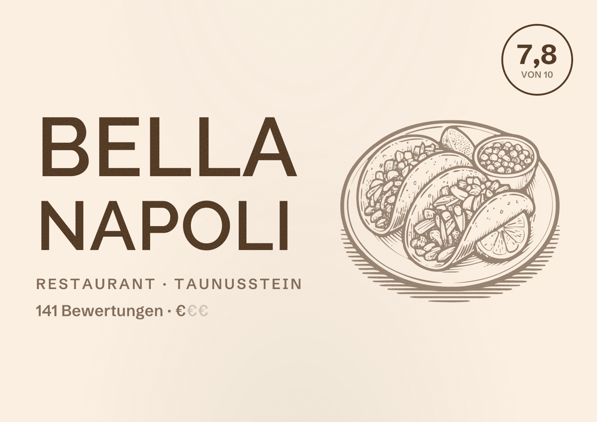 Illustriertes Poster von Bella Napoli, Restaurant in Taunusstein: Bewertung 7,8 von 10 aus 141 Bewertungen, Preisniveau €