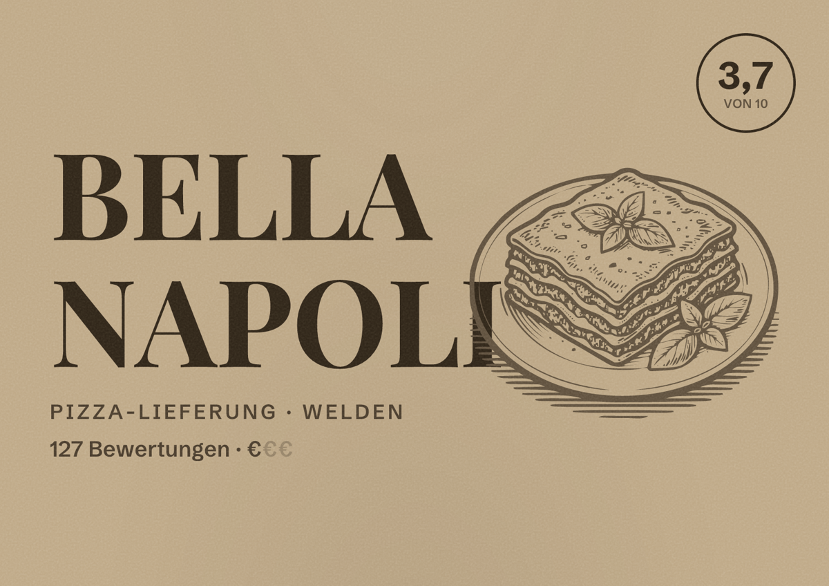 Illustriertes Poster von BELLA NAPOLI, Pizza-Lieferung in Welden: Bewertung 3,7 von 10 aus 127 Bewertungen, Preisniveau €