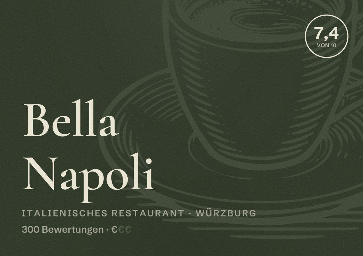 Illustriertes Poster von Bella Napoli, Italienisches Restaurant in Würzburg: Bewertung 7,4 von 10 aus 300 Bewertungen, Preisniveau €