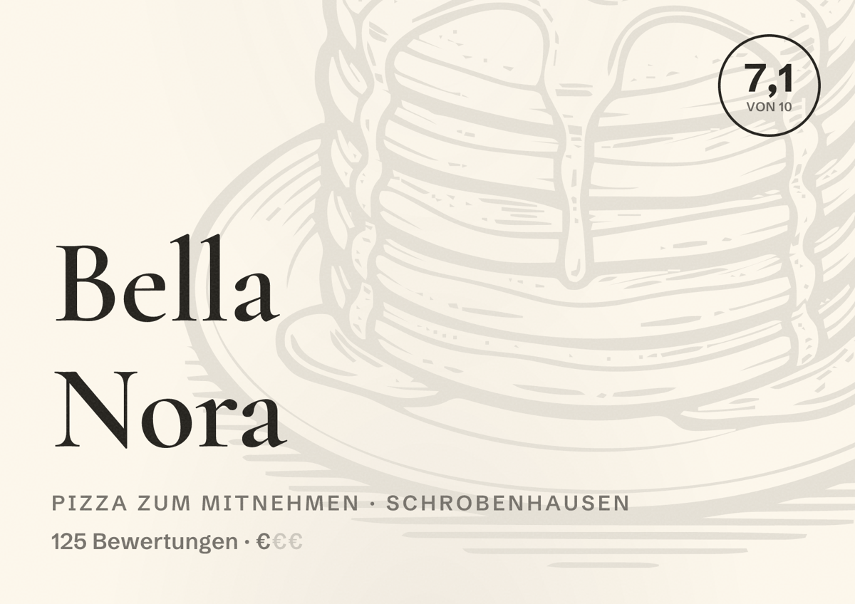 Illustriertes Poster von Bella Nora, Pizza zum Mitnehmen in Schrobenhausen: Bewertung 7,1 von 10 aus 125 Bewertungen, Preisniveau €