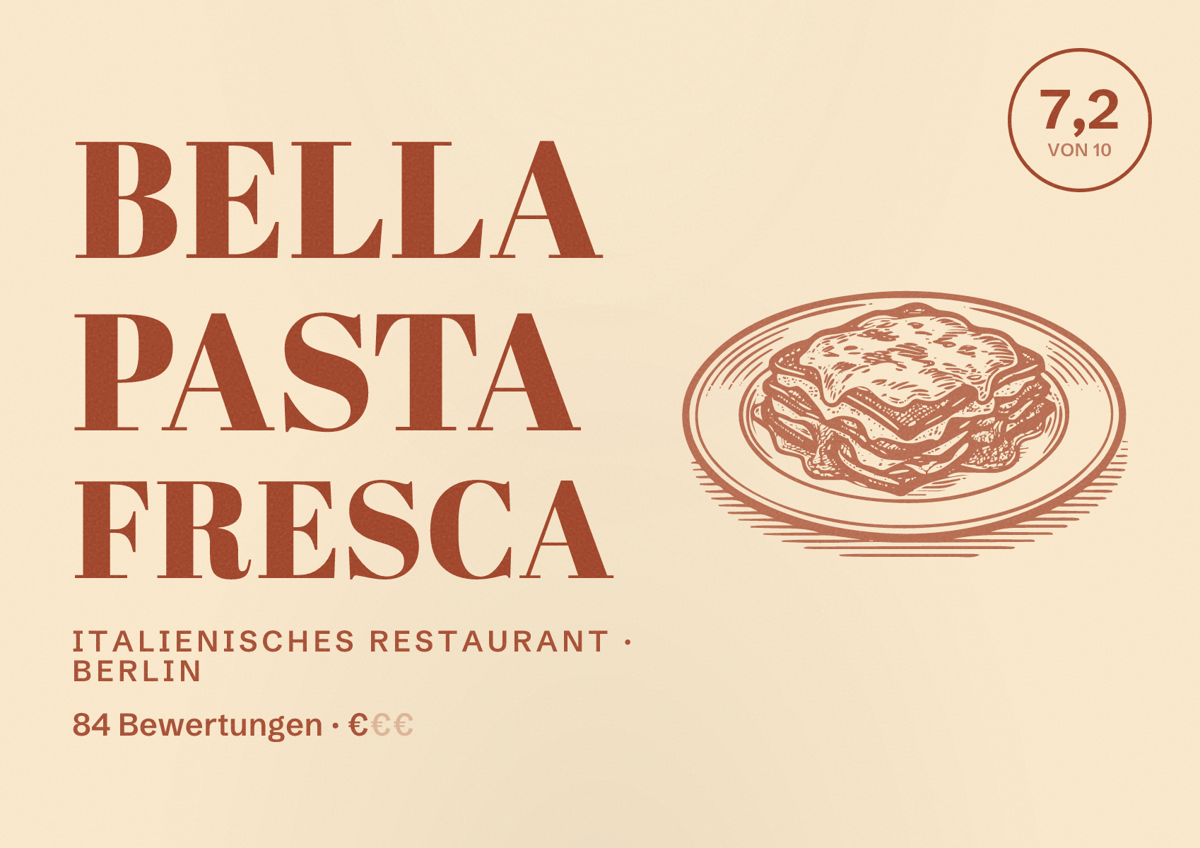 Illustriertes Poster von Bella Pasta Fresca, Italienisches Restaurant in Berlin: Bewertung 7,2 von 10 aus 84 Bewertungen, Preisniveau €