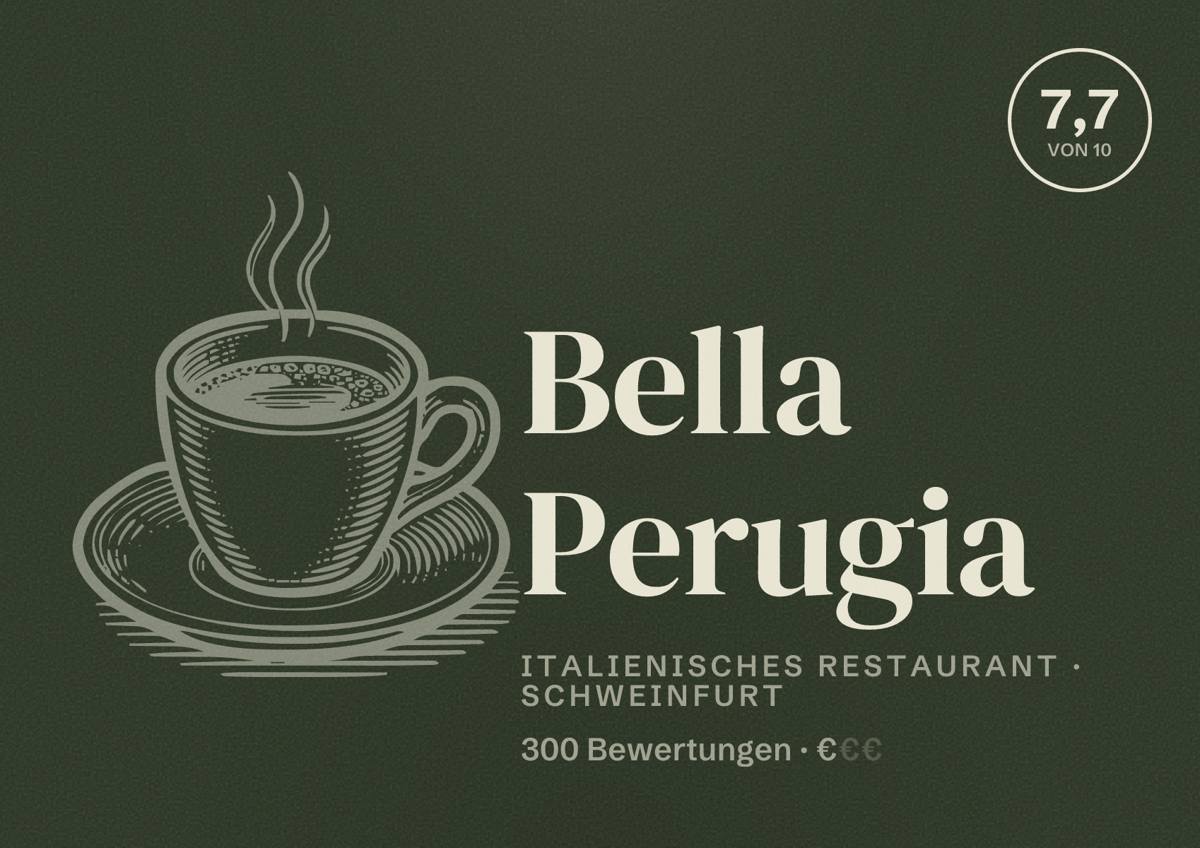 Illustriertes Poster von Bella Perugia, Italienisches Restaurant in Schweinfurt: Bewertung 7,7 von 10 aus 300 Bewertungen, Preisniveau €