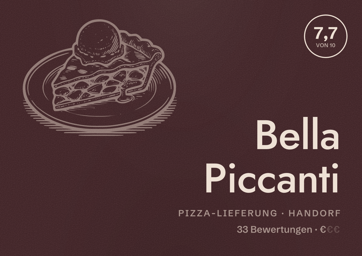 Illustriertes Poster von Bella Piccanti, Pizza-Lieferung in Handorf: Bewertung 7,7 von 10 aus 33 Bewertungen, Preisniveau €