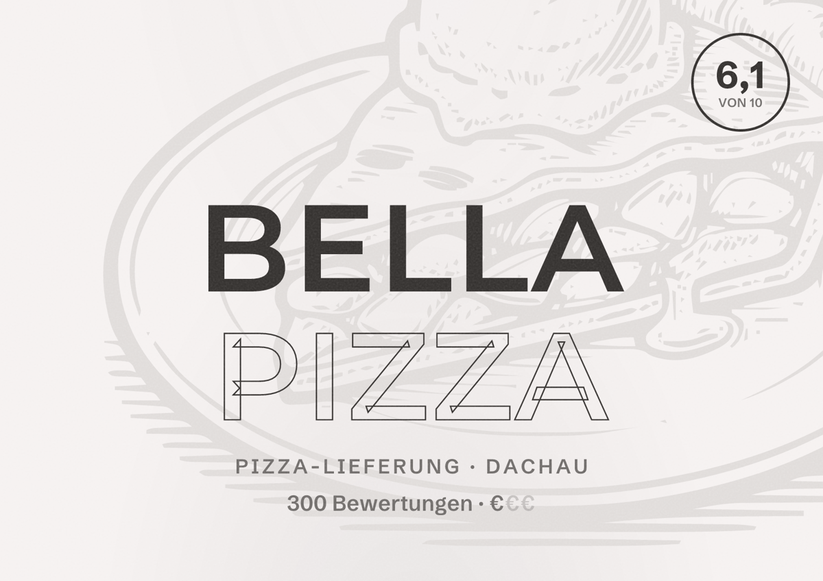 Illustriertes Poster von Bella Pizza, Pizza-Lieferung in Dachau: Bewertung 6,1 von 10 aus 300 Bewertungen, Preisniveau €