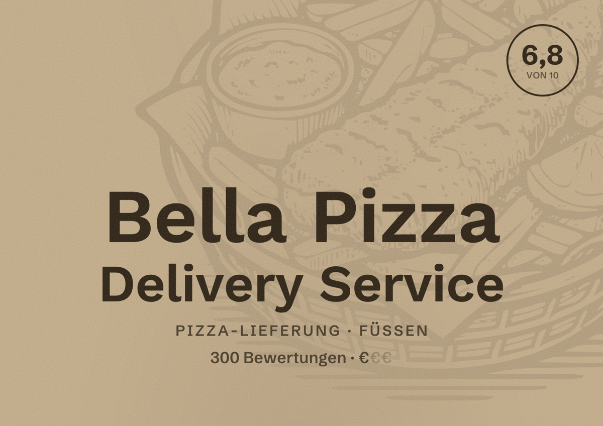 Illustriertes Poster von Bella Pizza Delivery Service, Pizza-Lieferung in Füssen: Bewertung 6,8 von 10 aus 300 Bewertungen, Preisniveau €