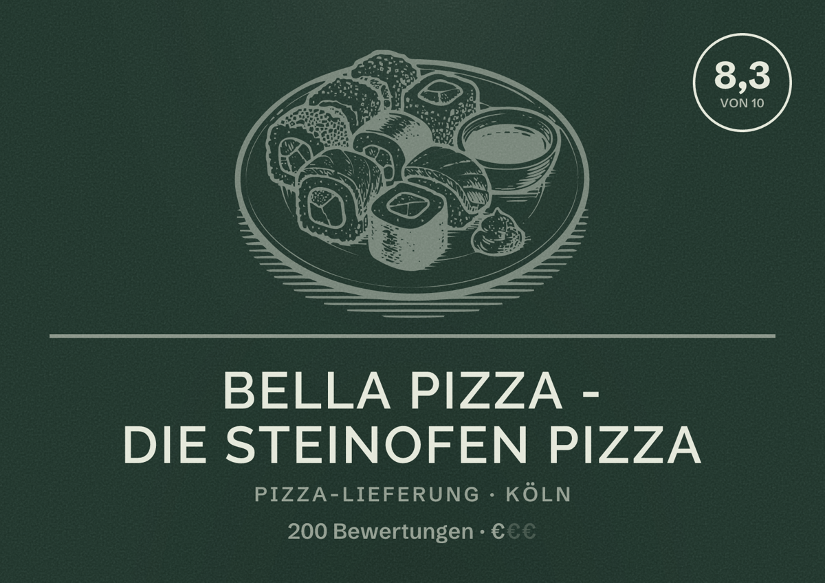 Illustriertes Poster von Bella Pizza - Die Steinofen Pizza, Pizza-Lieferung in Köln: Bewertung 8,3 von 10 aus 200 Bewertungen, Preisniveau €