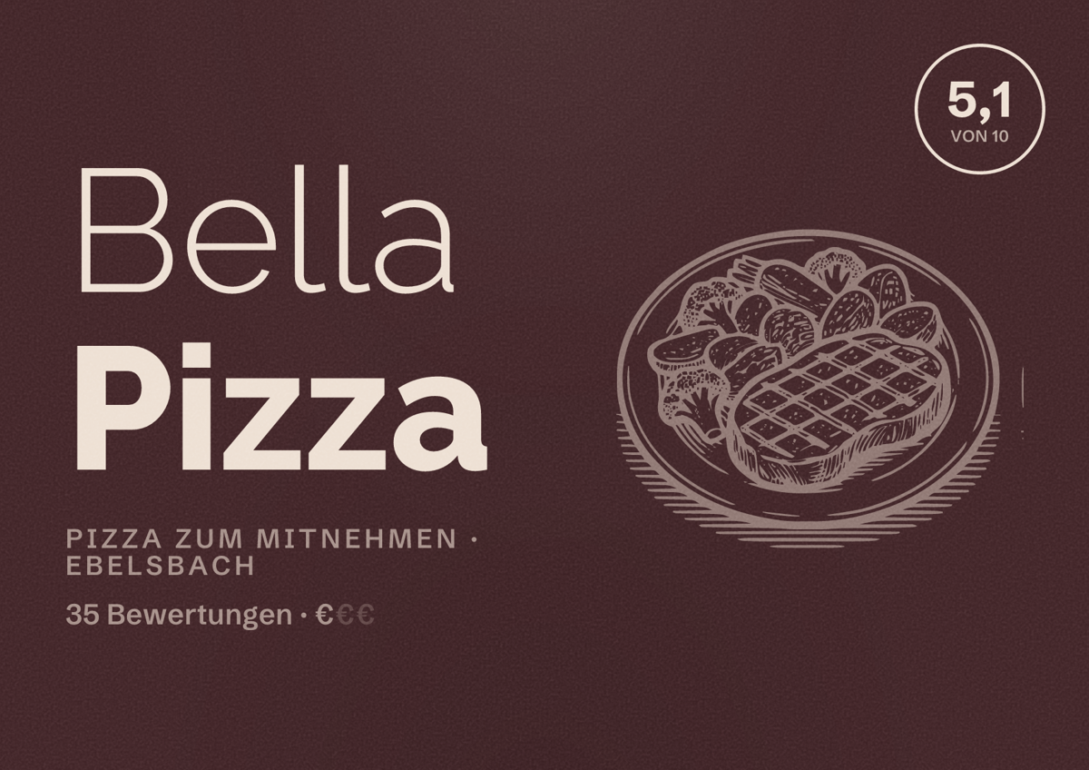 Illustriertes Poster von Bella Pizza, Pizza zum Mitnehmen in Ebelsbach: Bewertung 5,1 von 10 aus 35 Bewertungen, Preisniveau €
