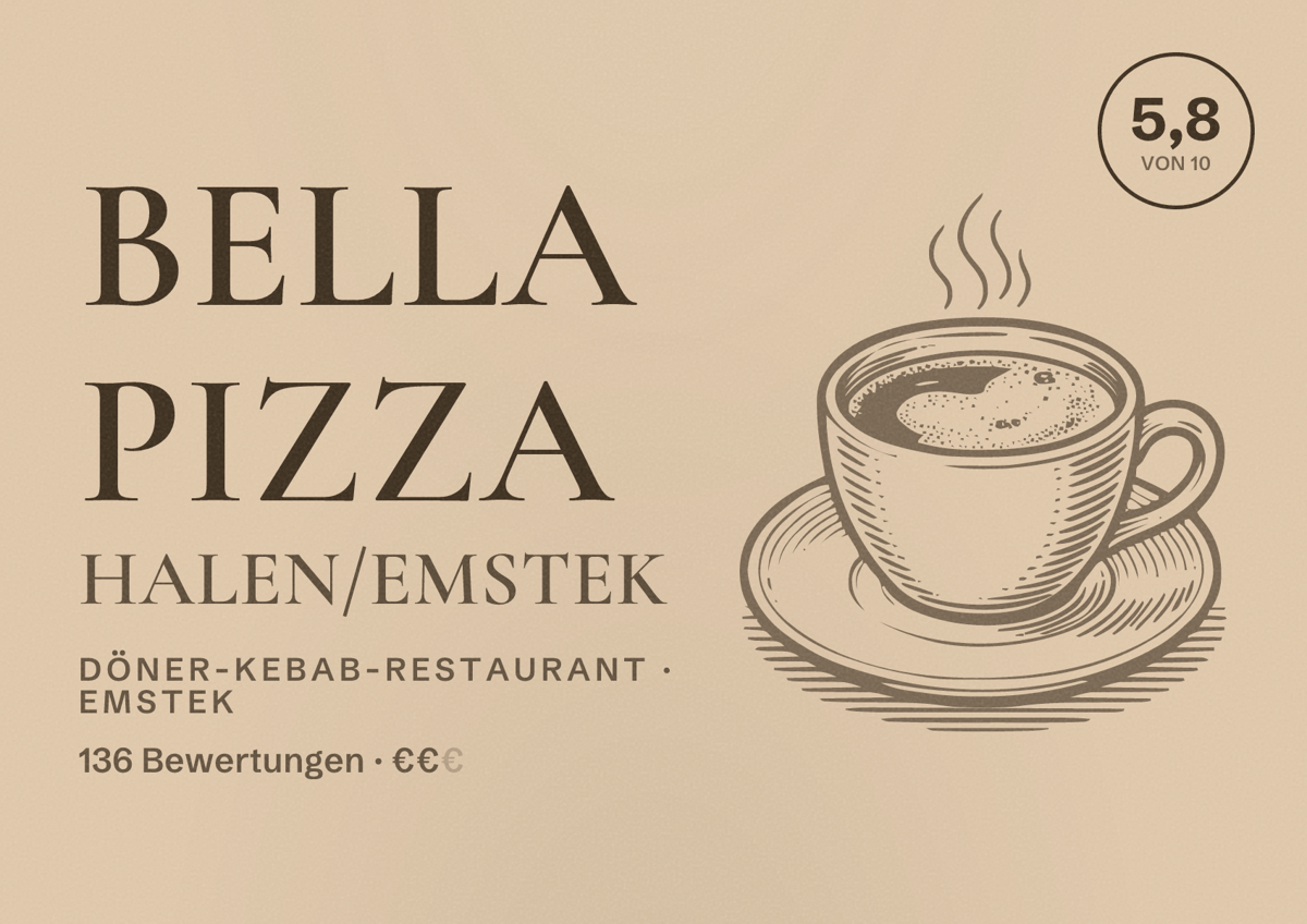 Illustriertes Poster von Bella Pizza Halen/Emstek, Döner-Kebab-Restaurant in Emstek: Bewertung 5,8 von 10 aus 136 Bewertungen, Preisniveau €€