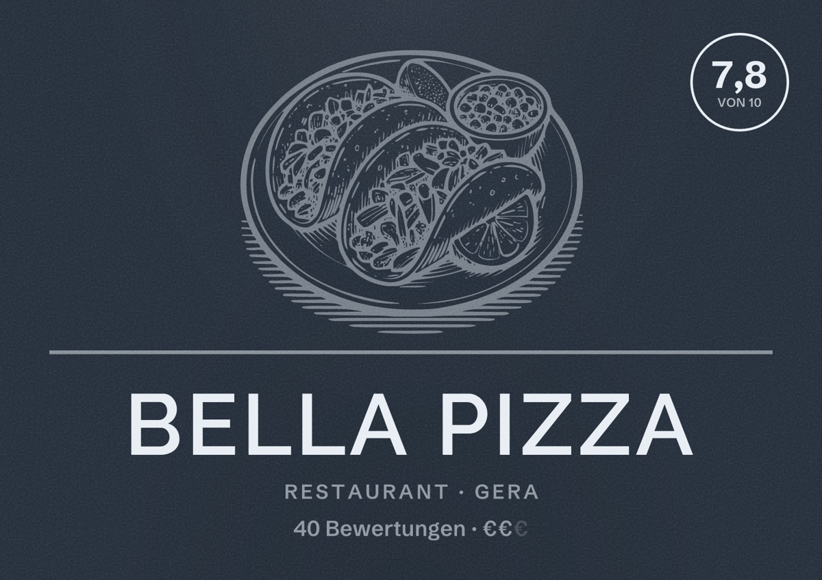Illustriertes Poster von Bella Pizza, Restaurant in Gera: Bewertung 7,8 von 10 aus 40 Bewertungen, Preisniveau €€
