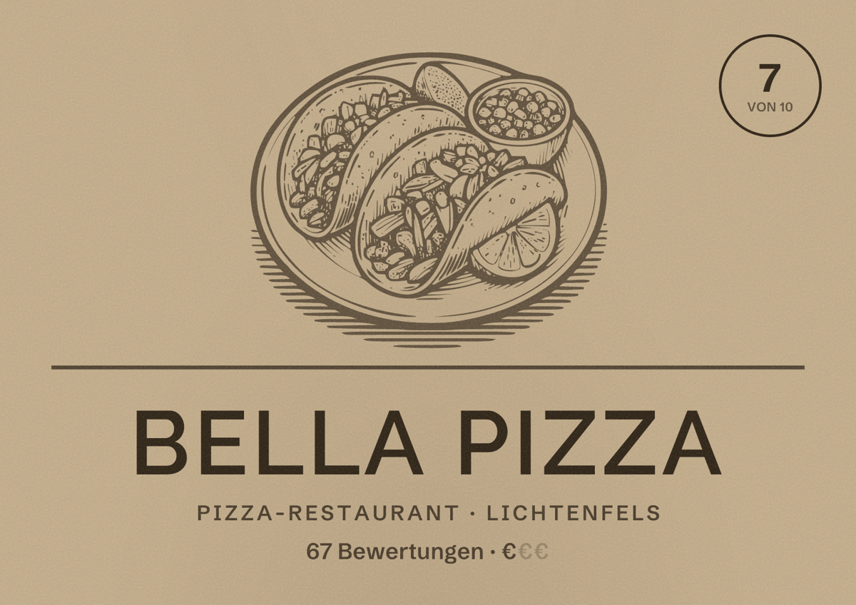 Illustriertes Poster von Bella Pizza, Pizza-Restaurant in Lichtenfels: Bewertung 7 von 10 aus 67 Bewertungen, Preisniveau €