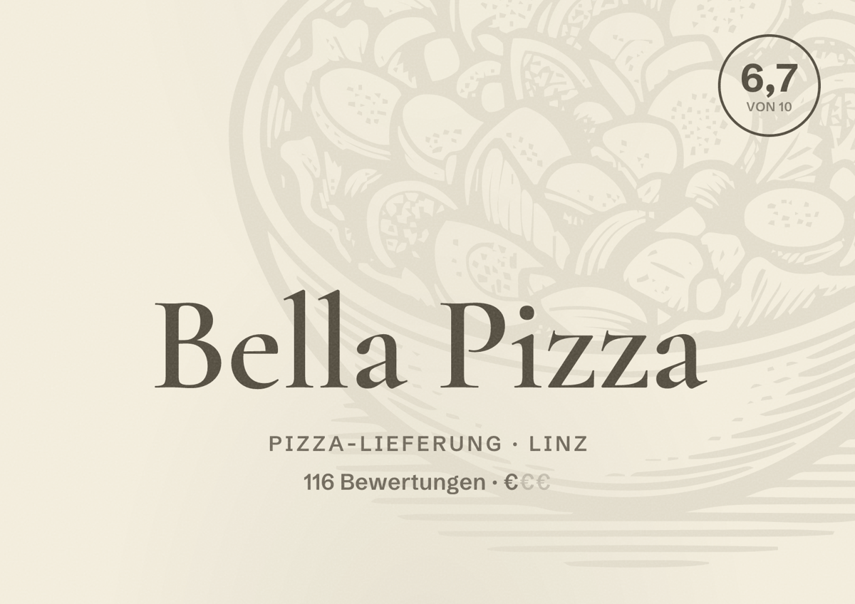 Illustriertes Poster von Bella Pizza, Pizza-Lieferung in Linz: Bewertung 6,7 von 10 aus 116 Bewertungen, Preisniveau €