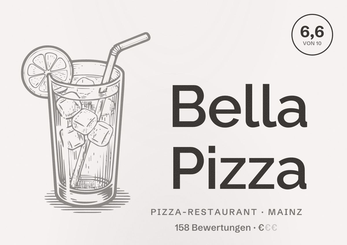 Illustriertes Poster von Bella Pizza, Pizza-Restaurant in Mainz: Bewertung 6,6 von 10 aus 158 Bewertungen, Preisniveau €
