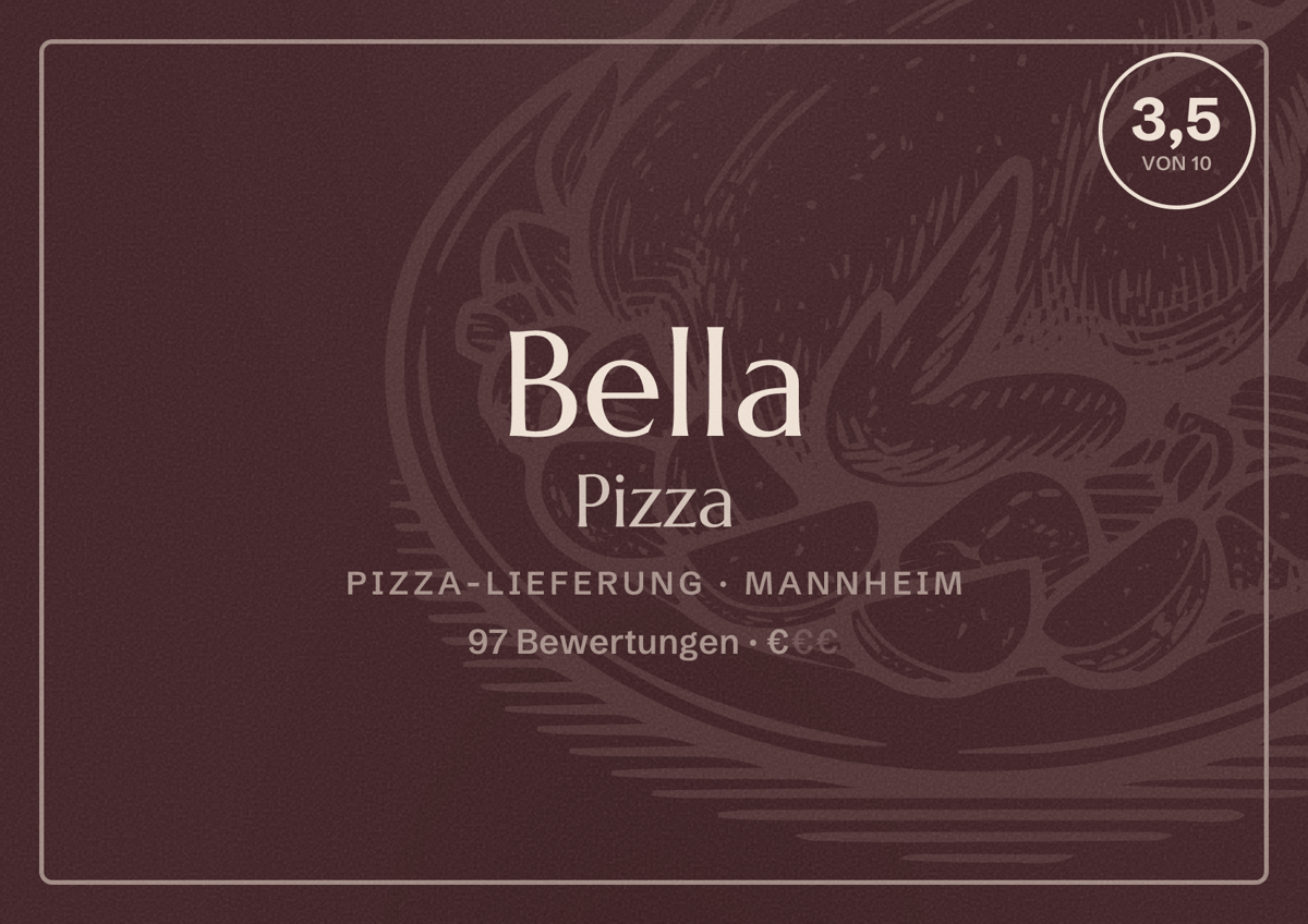 Illustriertes Poster von Bella Pizza, Pizza-Lieferung in Mannheim: Bewertung 3,5 von 10 aus 97 Bewertungen, Preisniveau €