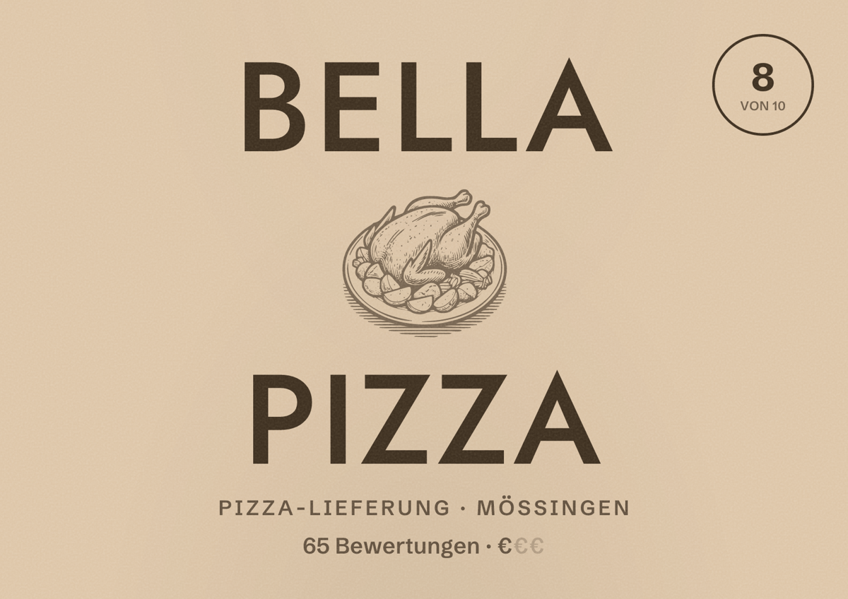Illustriertes Poster von Bella Pizza, Pizza-Lieferung in Mössingen: Bewertung 8 von 10 aus 65 Bewertungen, Preisniveau €