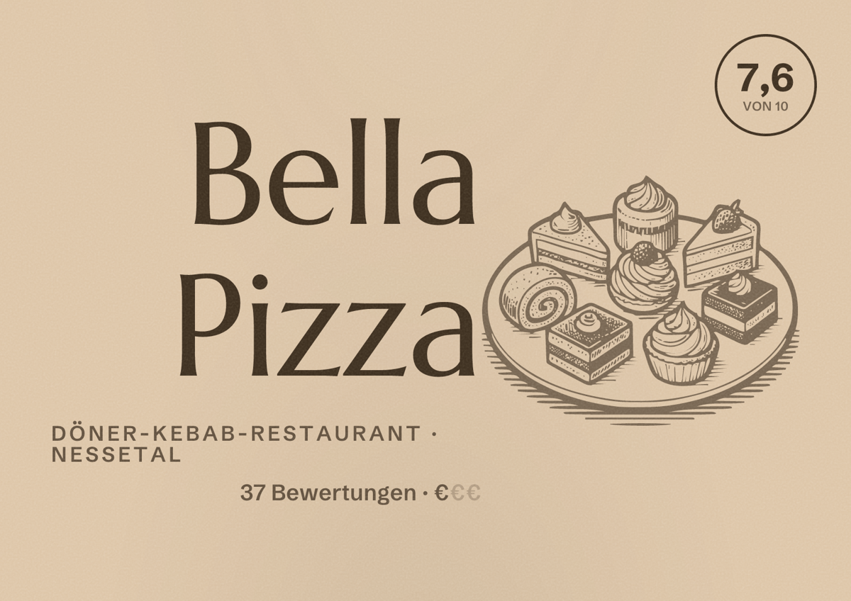 Illustriertes Poster von Bella Pizza, Döner-Kebab-Restaurant in Nessetal: Bewertung 7,6 von 10 aus 37 Bewertungen, Preisniveau €